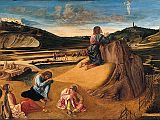 London National Gallery Next 20 03 Giovanni Bellini - The Agony in the Garden Giovanni Bellini - The Agony in the Garden, about 1465, 81 x 127 cm. Jesus prays in the Garden of Gethsemane while Peter, James and John sleep. An angel reveals a cup symbolizing his impending sacrifice. In the background, Judas approaches with the Roman soldiers who will arrest Jesus. Perhaps for the first time in Italian painting, the artist has represented a real, observed sunrise, which tints the undersides of clouds rose-orange, reflects from the walls of distant towns, glitters on armour. By specifying the time of day, the picture reminds us of Christs long night of agony, with its final acceptance of the Passion symbolized by the chalice held out by the angel like a priest officiating at Mass.